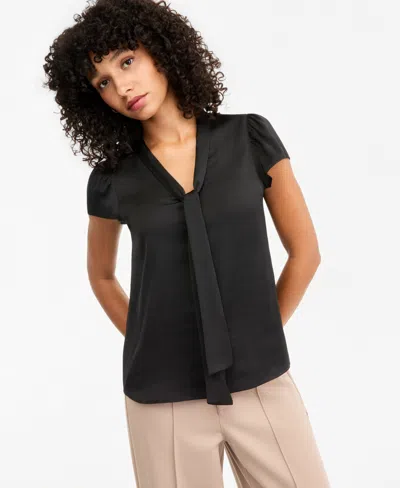 Bar Iii Women's Satin Tie-neck Flutter-sleeve Short-sleeve Blouse, Macy's Exclusive In Black
