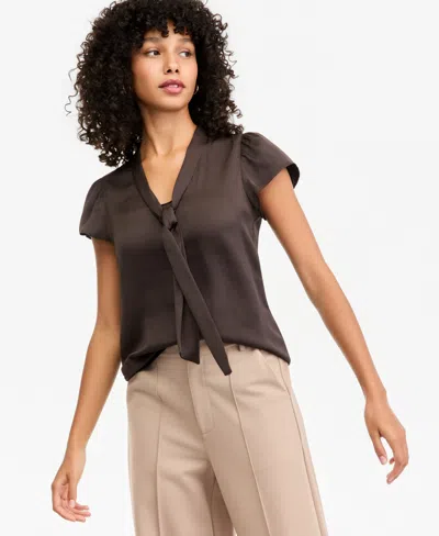Bar Iii Women's Satin Tie-neck Flutter-sleeve Short-sleeve Blouse, Macy's Exclusive In Burgundy