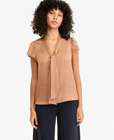 Bar Iii Women's Satin Tie-neck Flutter-sleeve Short-sleeve Blouse, Macy's Exclusive In Dark Caram