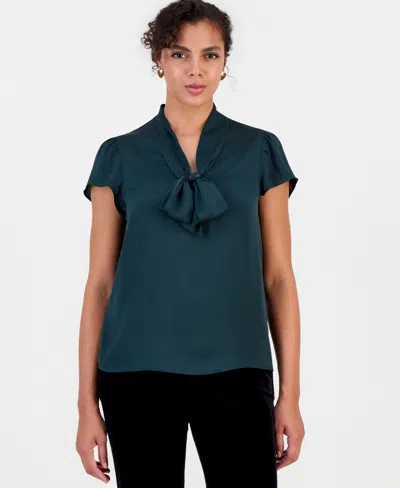 Bar Iii Women's Satin Tie-neck Flutter-sleeve Short-sleeve Blouse, Macy's Exclusive In Pine Mist