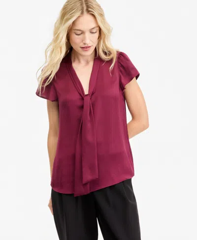 Bar Iii Women's Satin Tie-neck Flutter-sleeve Short-sleeve Blouse, Macy's Exclusive In Purple