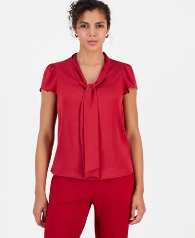 Bar Iii Women's Satin Tie-neck Flutter-sleeve Short-sleeve Blouse, Macy's Exclusive In Pomegranate