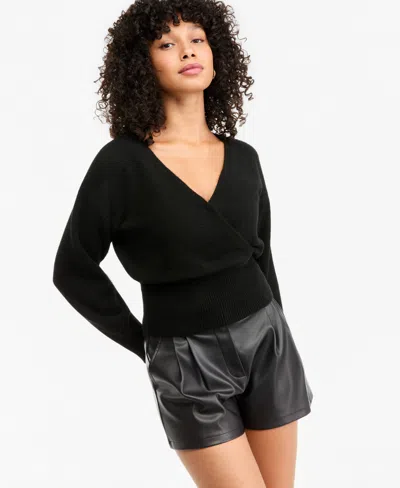 Bar Iii Women's Sculpted Surplice Long-sleeve Ribbed-knit Sweater, Macy's Exclusive In Black