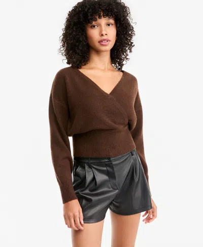 Bar Iii Women's Sculpted Surplice Long-sleeve Ribbed-knit Sweater, Macy's Exclusive In Chicory Coffee