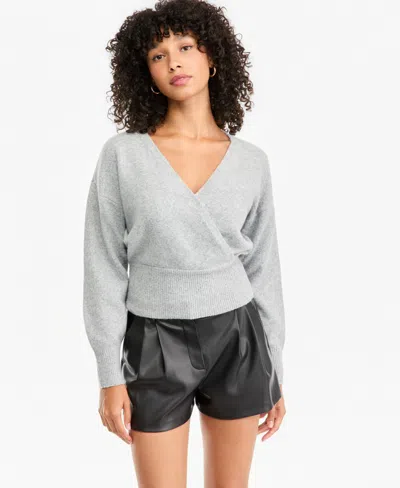 Bar Iii Women's Sculpted Surplice Long-sleeve Ribbed-knit Sweater, Macy's Exclusive In Heather Gray