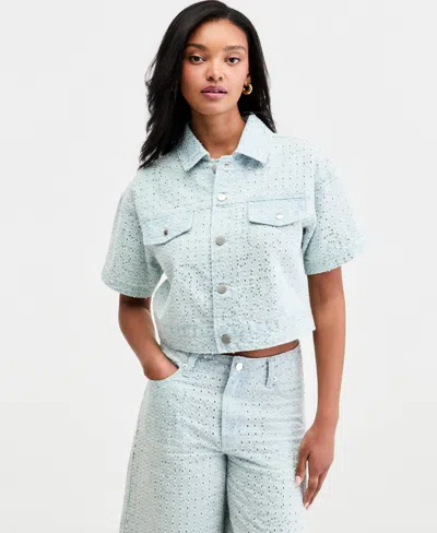 Bar Iii Women's Sequin Destructed Denim Short-sleeve Shirt, Macy's Exclusive In Brown