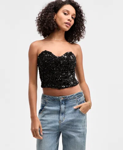 Bar Iii Women's Sequin Tweed Bustier, Macy's Exclusive In Black