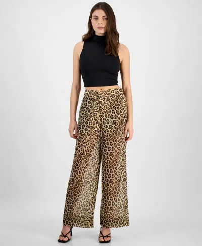 Bar Iii Women's Sheer Cheetah-print High-rise Wide-leg Pants, Exclusively At Macy's In Clara Cheetah A