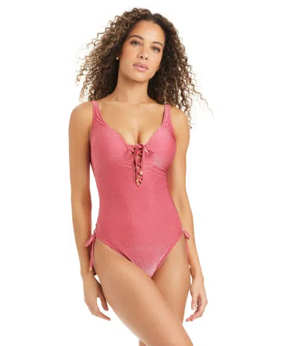 Bar Iii Women's Shimmer Lace-up One-piece Swimsuit, Macy's Exclusive In Electric Guava