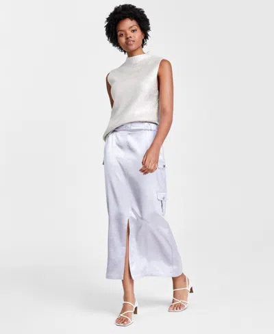 Bar Iii Women's Shiny Front-slit Midi Cargo Skirt, Created For Macy's In Silver