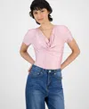 Bar Iii Women's Short-sleeve Cowlneck Bodysuit, Created For Macy's In Orchid Pink