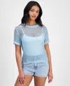 Bar Iii Women's Short-sleeve Metallic Crochet Sweater, Exclusively At Macy's In Blue