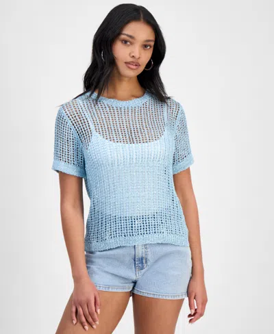 Bar Iii Women's Short-sleeve Metallic Crochet Sweater, Exclusively At Macy's In Blue