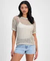 Bar Iii Women's Short-sleeve Metallic Crochet Sweater, Exclusively At Macy's In White