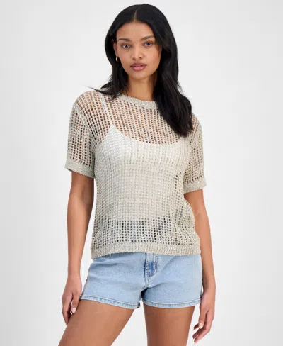 Bar Iii Women's Short-sleeve Metallic Crochet Sweater, Exclusively At Macy's In White