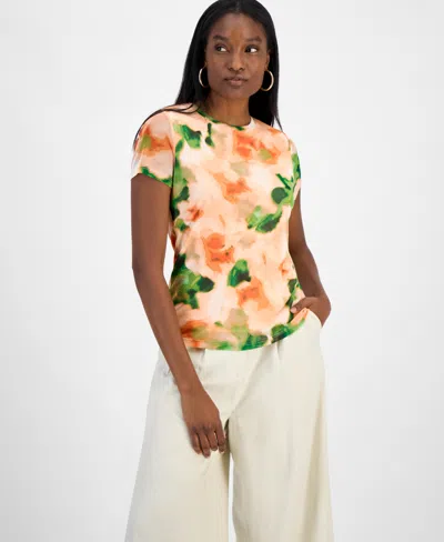 Bar Iii Women's Short-sleeve Watercolor Mesh Top, Exclusively At Macy's In Terra Clay Multi