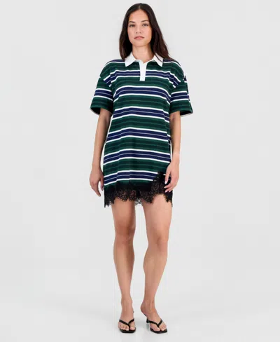 Bar Iii Women's Short-sleeve Lace-trim Rugby Dress, Macy's Exclusive In Green