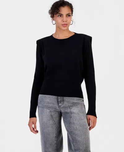 Bar Iii Women's Shoulder-pad Long-sleeve Crewneck Sweater, Macy's Exclusive In Black