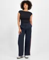 Bar Iii Women's Side-stripe Pleated Wide-leg Pants, Macy's Exclusive In Blue