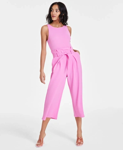 Bar Iii Women's Sleeveless Crewneck Tie-waist Jumpsuit, Regular & Petite, Created For Macy's In Wild Pink