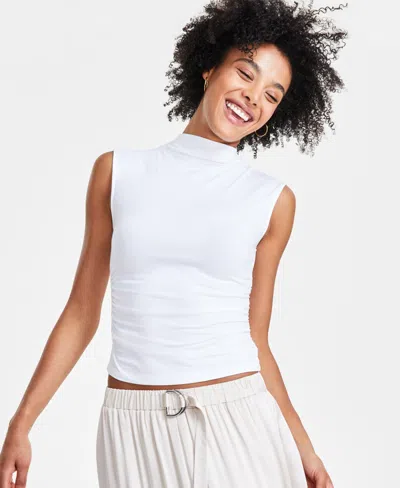 Bar Iii Petite Side-ruched Mock-neck Sleeveless Top, Created For Macy's In Bright White