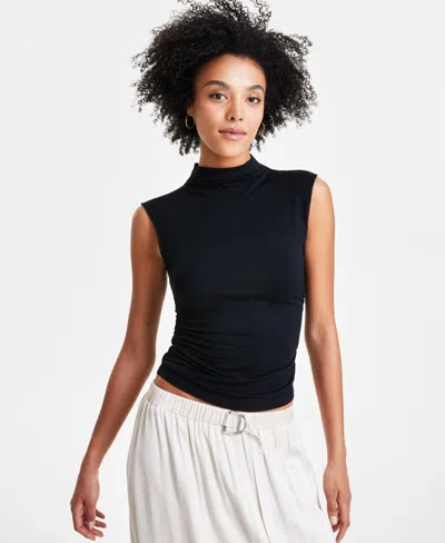 Bar Iii Petite Side-ruched Mock-neck Sleeveless Top, Created For Macy's In Deep Black