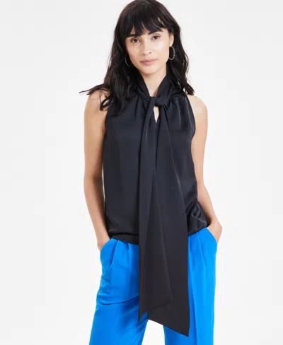 Bar Iii Women's Sleeveless Tie-neck Blouse, Created For Macy's In Black