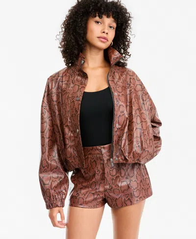 Bar Iii Women's Snake-print Cropped Lightweight Bomber Jacket, Macy's Exclusive In Brown