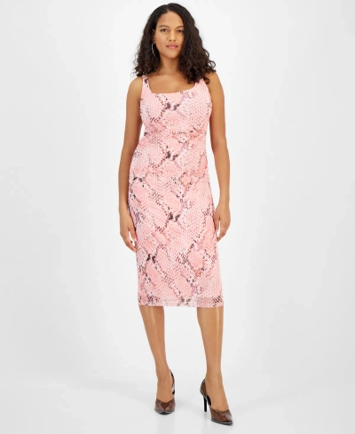 Bar Iii Women's Snakeskin-print Rouched Midi Dress, Created For Macy's In Rose Bloom Multi