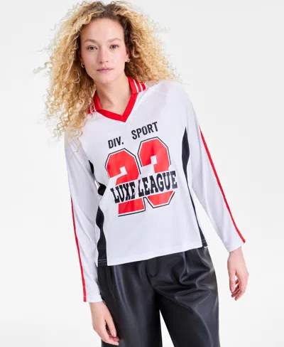 Bar Iii Women's Sporty Graphic Long-sleeve Polo Top, Macy's Exclusive In White