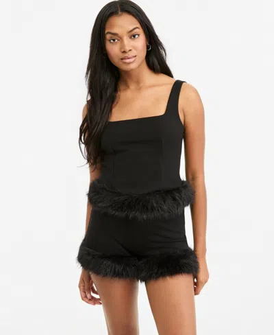 Bar Iii Women's Square Neck Faux Fur-trim Sleeveless Camisole, Macy's Exclusive In Black
