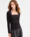 Bar Iii Women's Square-neck Ruched Knit Top, Macy's Exclusive In Black