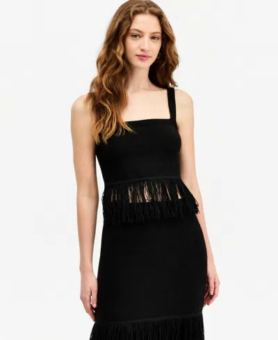 Bar Iii Women's Square-neck Fringe-trim Tank Top, Macy's Exclusive In Black