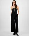 Bar Iii Women's Strapless Button-front Wide-leg Jumpsuit, Exclusively At Macy's In Deep Black