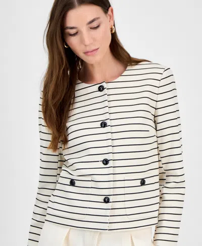 Bar Iii Women's Striped Knit Button-front Cropped Jacket, Exclusively At Macy's In Bar White,black