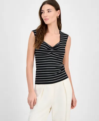 Bar Iii Women's Striped Knit Sweetheart-neck Top, Exclusively At Macy's In Black,bar White