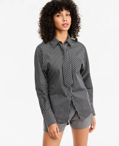 Bar Iii Women's Striped Tie-neck Long-sleeve Shirt, Macy's Exclusive In Black Combo