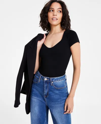 Bar Iii Women's Sweetheart-neck Short-sleeve Bodysuit, Exclusively At Macy's In Deep Black