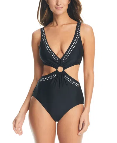 Bar Iii Women's Tell Me About It Stud One-piece Swimsuit, Created For Macy's In Black,silver