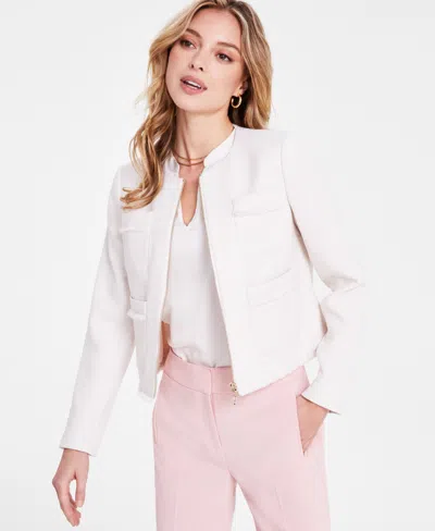 Bar Iii Women's Textured Fringed Cropped Zip Blazer, Exclusively At Macy's In Bar White
