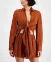 Bar Iii Womens Textured Tie Front Shirt Textured Pull On Shorts Created For Macys In Warm Cinnamon