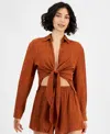 Bar Iii Womens Textured Tie Front Shirt Textured Pull On Shorts Created For Macys In Warm Cinnamon