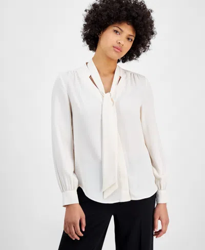 Bar Iii Women's Tie-neck Long-sleeve Blouse, Exclusively At Macy's In Bar White