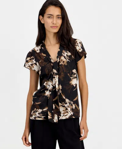 Bar Iii Women's Tie-neck Short-flutter-sleeve Blouse, Macy's Exclusive In Black