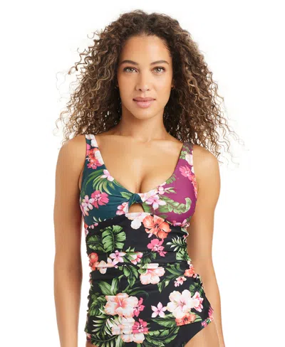 Bar Iii Women's Tropical Heat Twist Shirred Tankini Swim Top, Macy's Exclusive In Multi