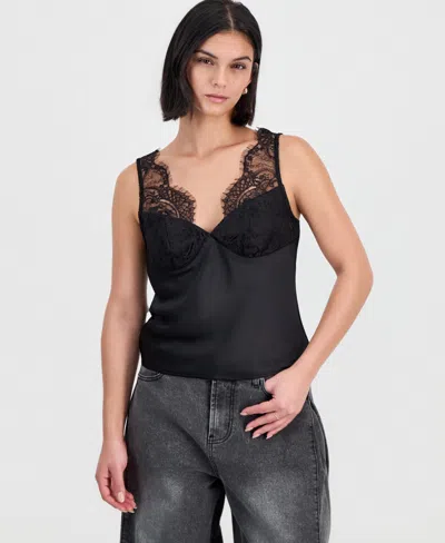 Bar Iii Women's V-neck Lace-trim Camisole, Macy's Exclusive In Black
