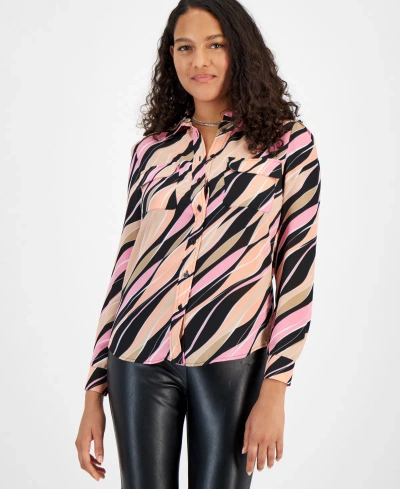 Bar Iii Women's Wave-print Button-up Shirt, Created For Macy's In Black,rose Bloom Multi