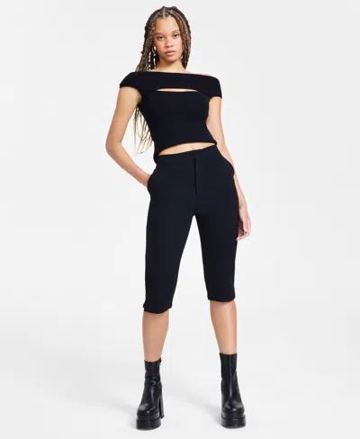 Bar Iii Women's Woven Capri High-rise Capri Pants, Exclusively At Macy's In Deep Black