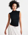 Bar Iii Side-ruched Mock-neck Sleeveless Top, Regular & Petites, Created For Macy's In Deep Black
