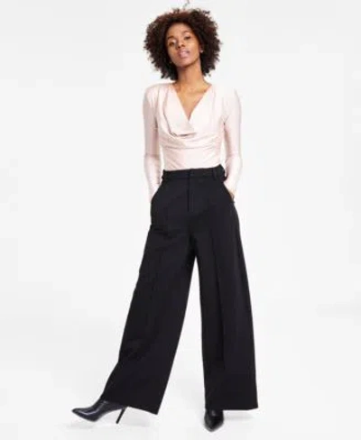 Bar Iii Womens Cowlneck Bodysuit Wide Leg Ponte Pants Created For Macys In Deep Black